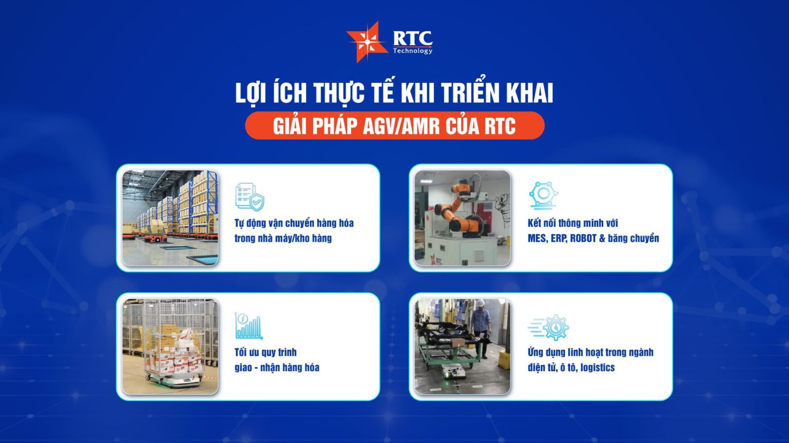 RTC Technology Việt Nam là đơn vị cung cấp giải pháp AGV/AMR tại Hà Nội, giúp doanh nghiệp cải thiện hiệu quả vận chuyển nội bộ, đồng thời tối ưu chi phí, tăng độ ổn định và nâng cao năng suất sản xuất