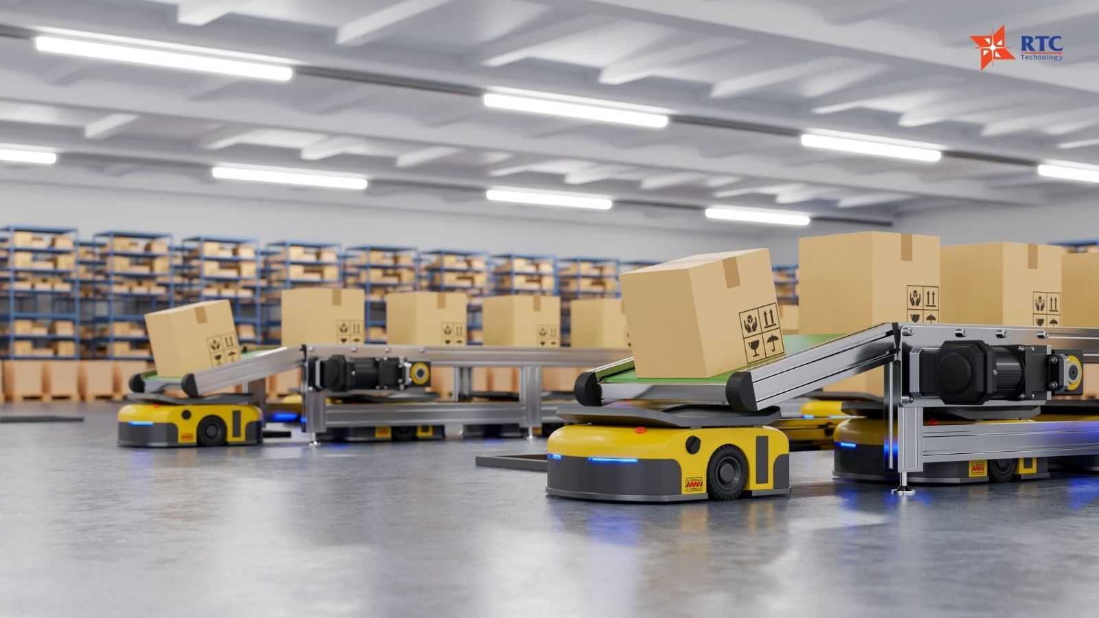 Robot có thể phối hợp với hệ thống lưu trữ tự động, băng tải hoặc cổng xuất hàng để tạo thành chuỗi logistics khép kín